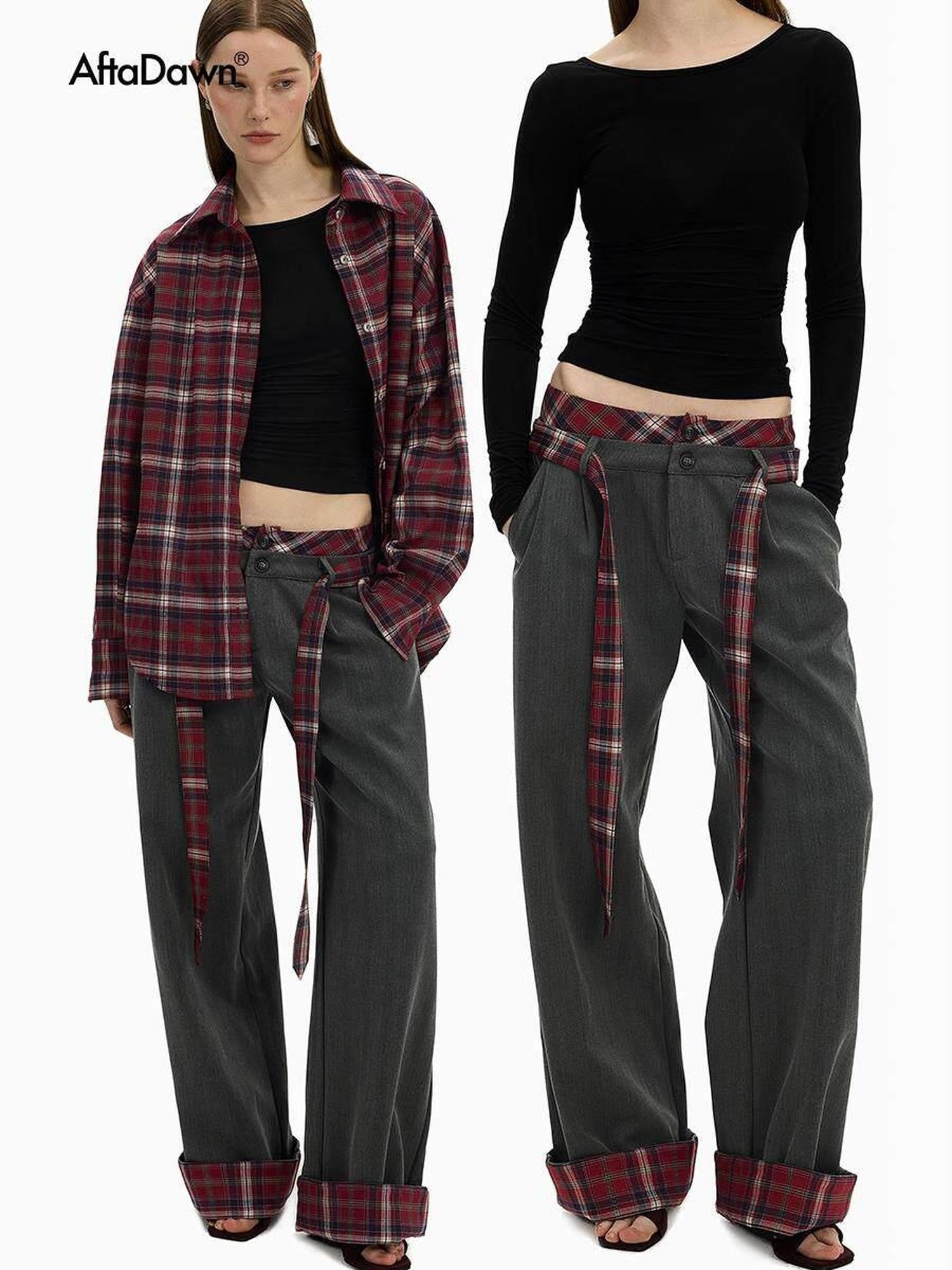 AFTADAWN Gray Plaid Waist Panel Faux Two Piece Women&