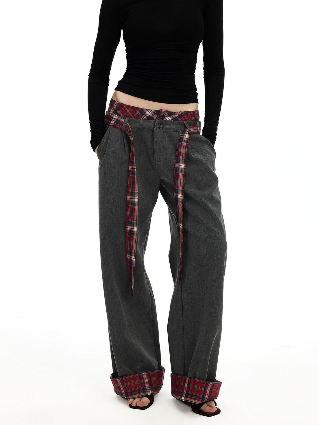 AFTADAWN Gray Plaid Waist Panel Faux Two Piece Women&