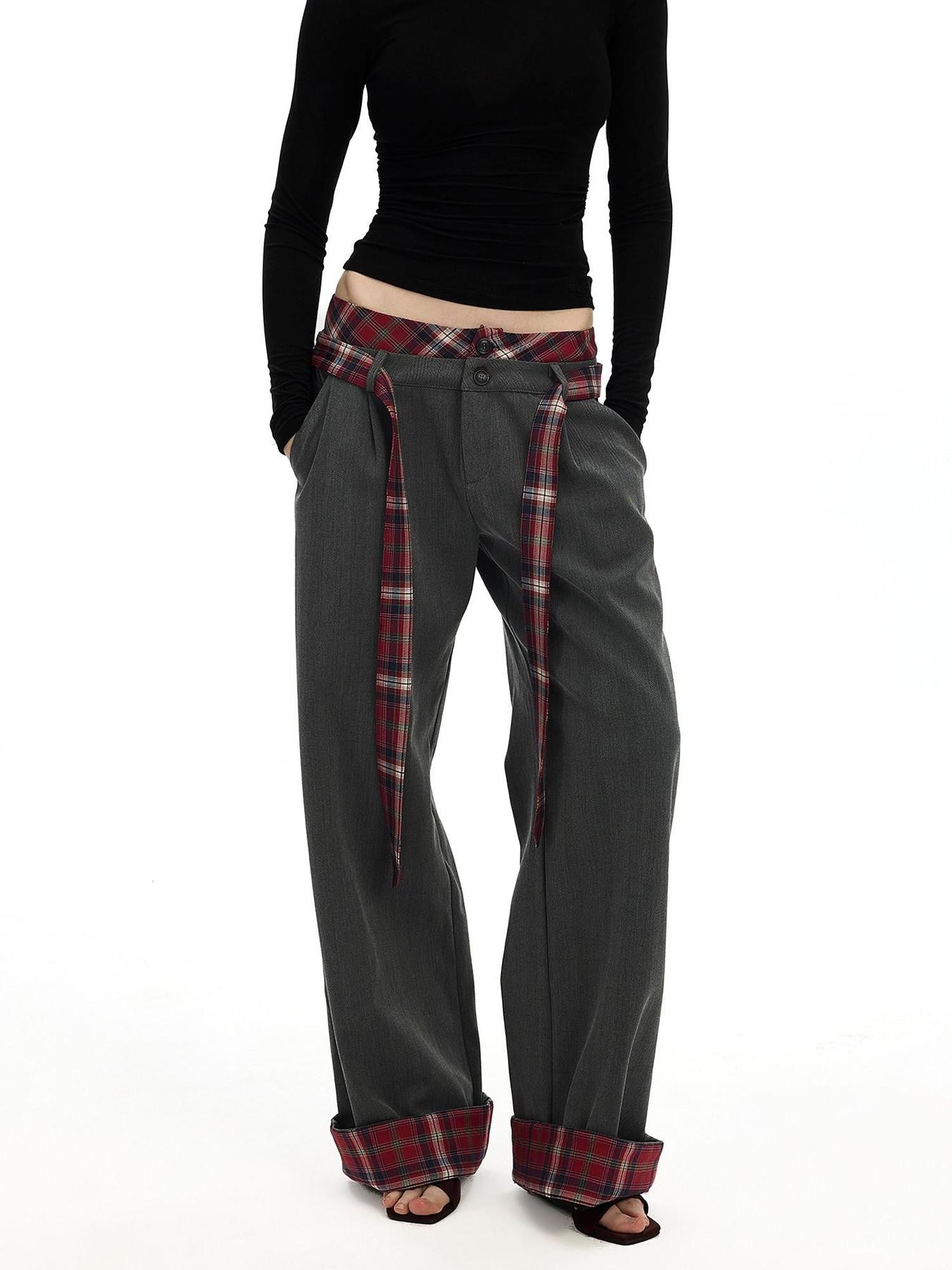 AFTADAWN Gray Plaid Waist Panel Faux Two Piece Women&