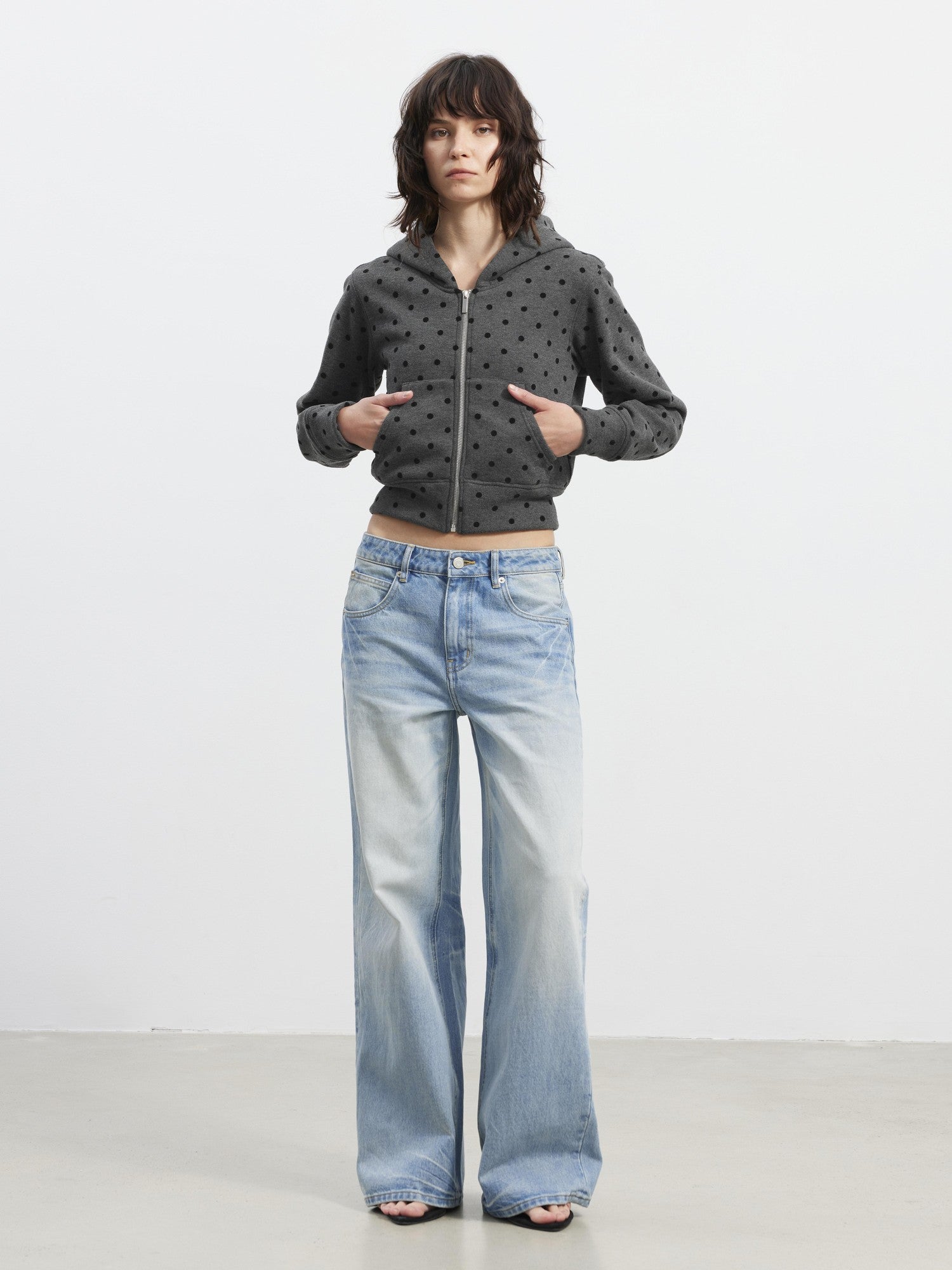 AFTADAWN Gray Polka Dot Hooded Cropped Thick Women&