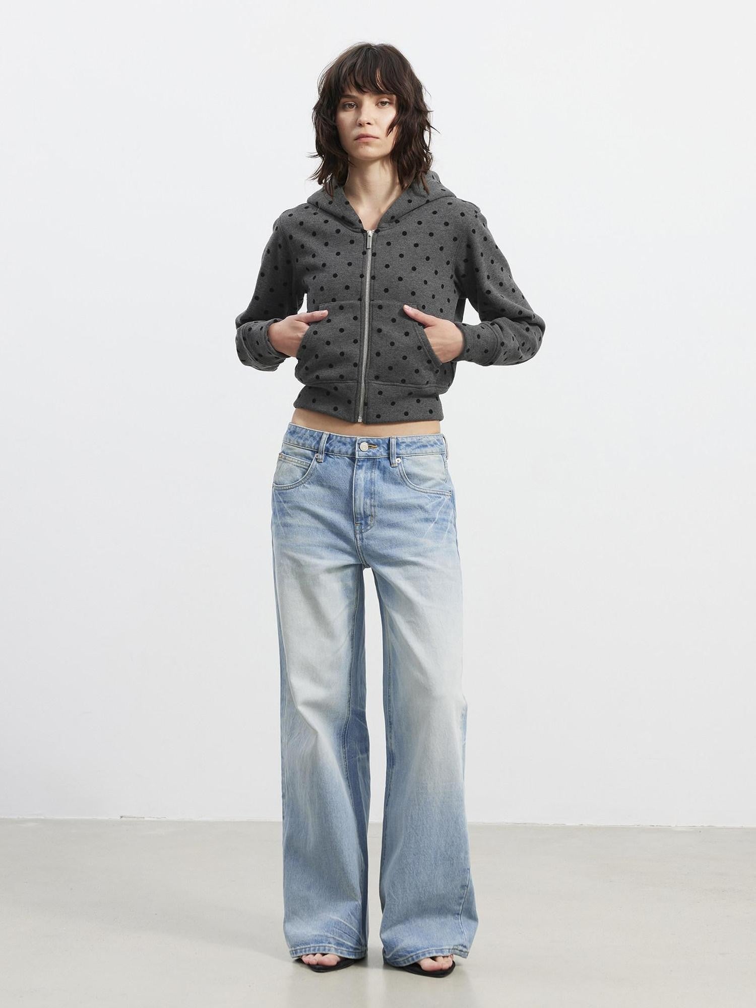 AFTADAWN Gray Polka Dot Hooded Cropped Thick Women&
