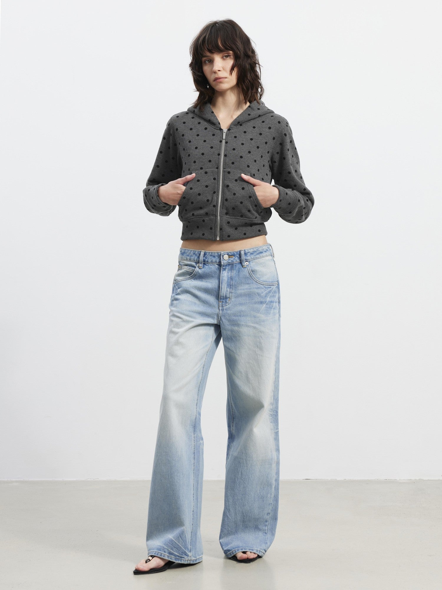 AFTADAWN Gray Polka Dot Hooded Cropped Thick Women&