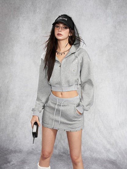 AFTADAWN Gray Rhinestone Stud Hooded Cropped Women&