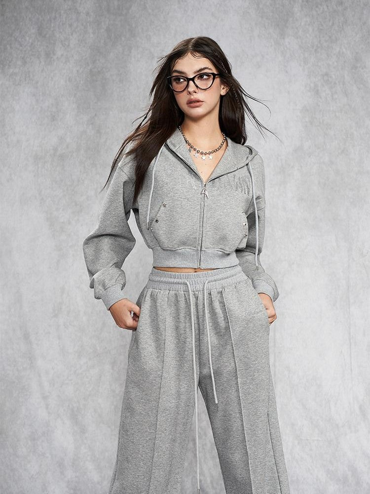 AFTADAWN Gray Rhinestone Stud Hooded Cropped Women&