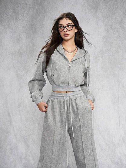 AFTADAWN Gray Rhinestone Stud Hooded Cropped Women&