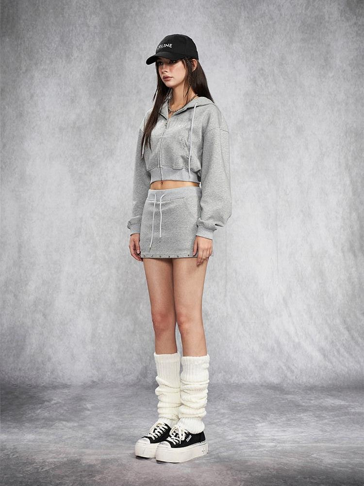 AFTADAWN Gray Rhinestone Stud Hooded Cropped Women&