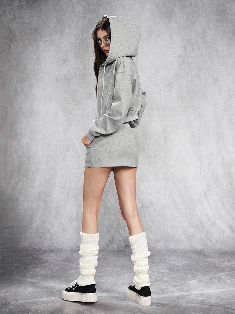 AFTADAWN Gray Rhinestone Stud Hooded Cropped Women&