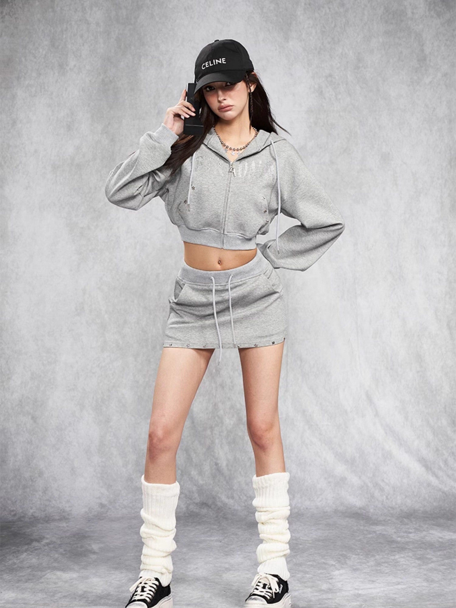 AFTADAWN Gray Rhinestone Stud Hooded Cropped Women&