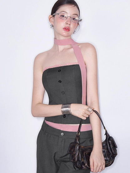 AFTADAWN Gray Spliced Halter Button Vest Women&