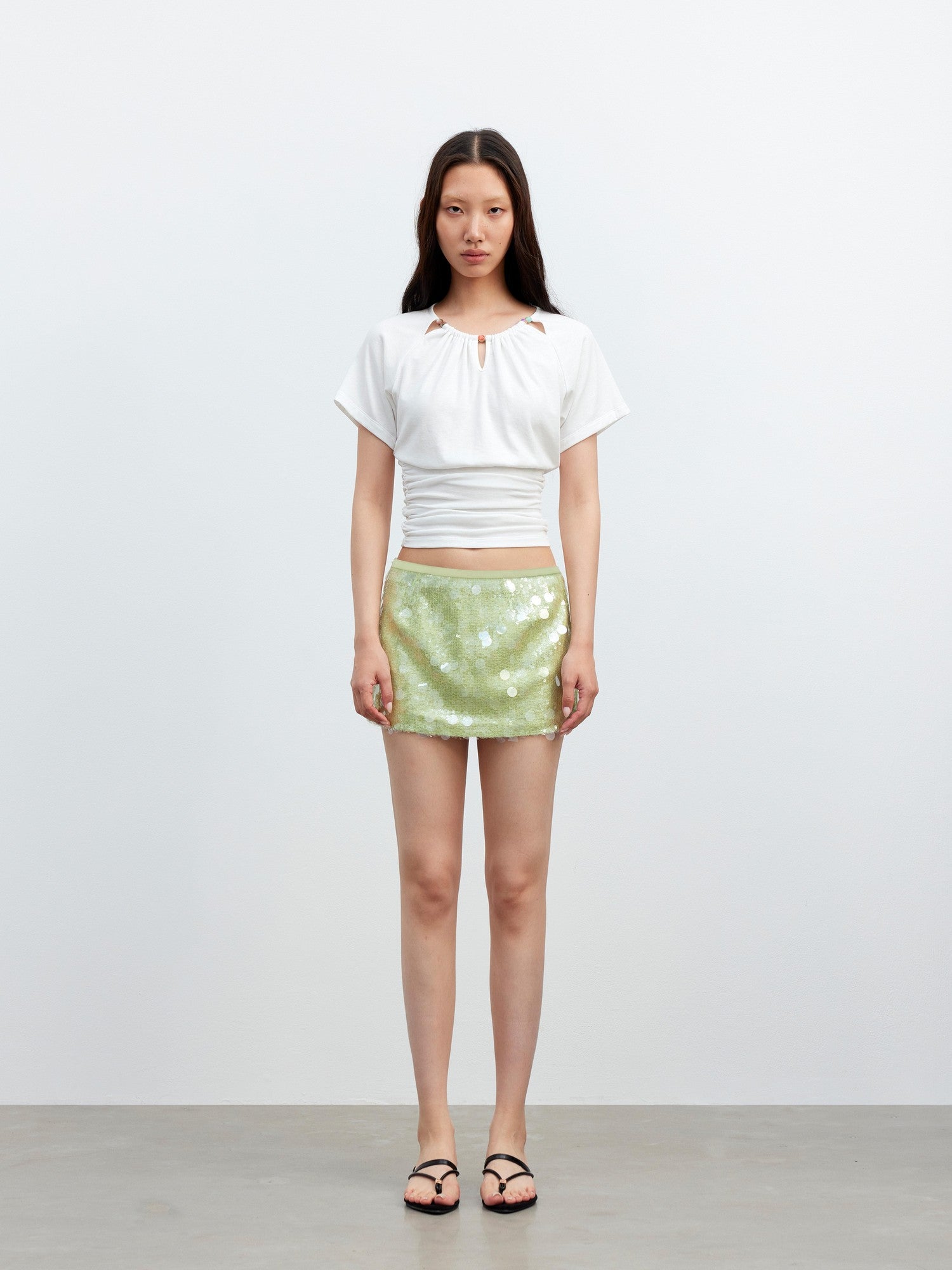 AFTADAWN Green Irregular Mesh Heavy Sequin Low Waist Women&