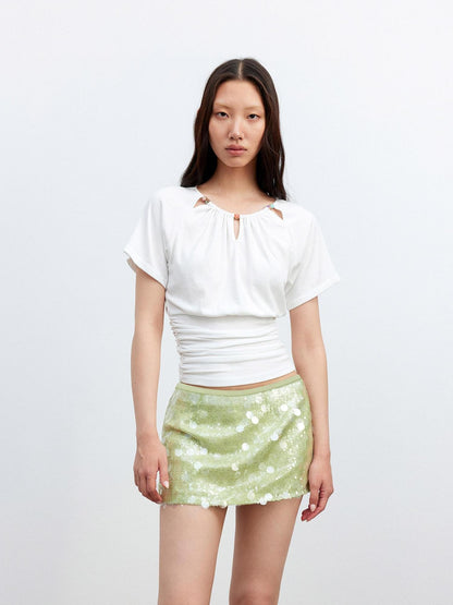 AFTADAWN Green Irregular Mesh Heavy Sequin Low Waist Women&