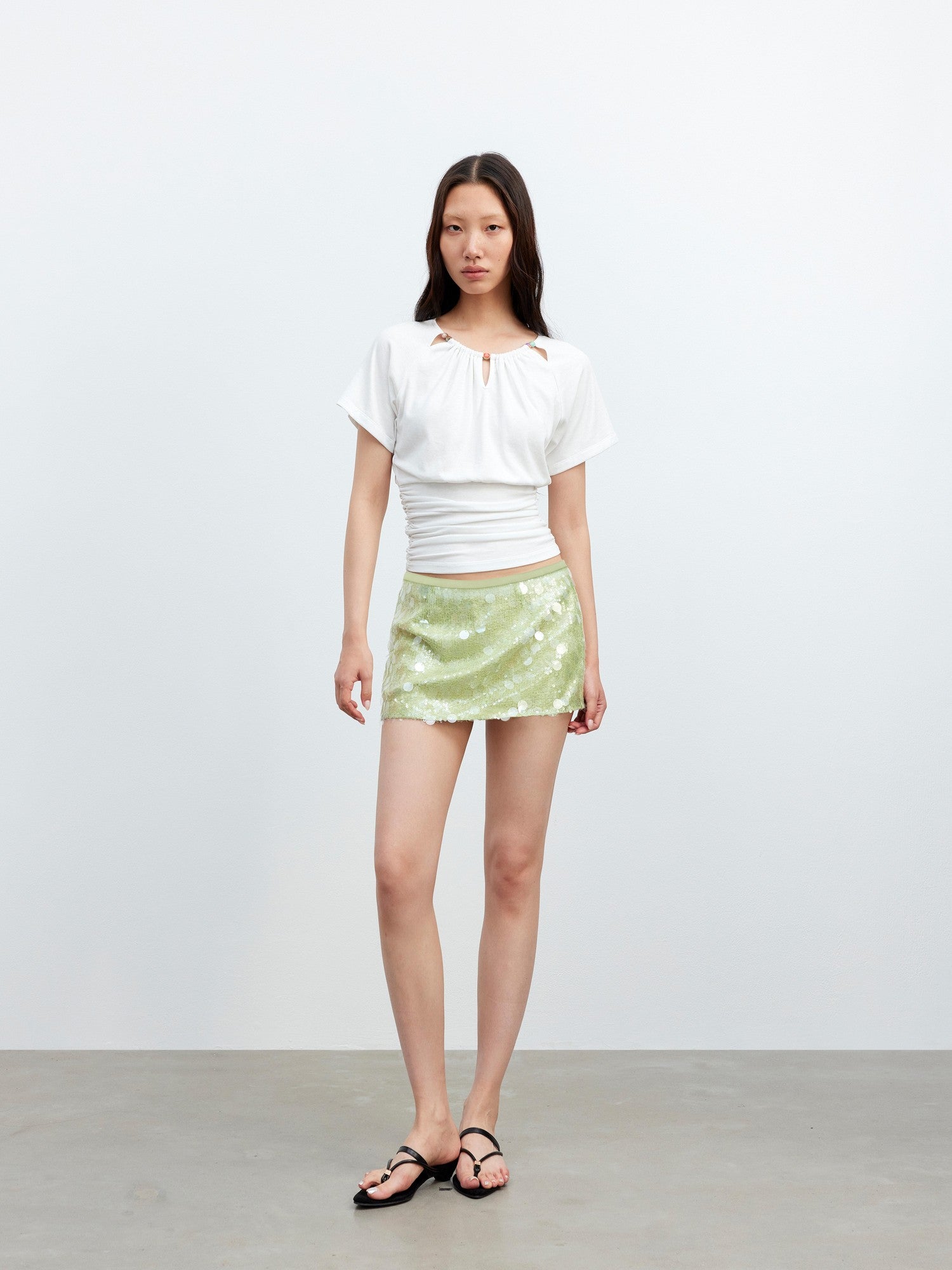 AFTADAWN Green Irregular Mesh Heavy Sequin Low Waist Women&
