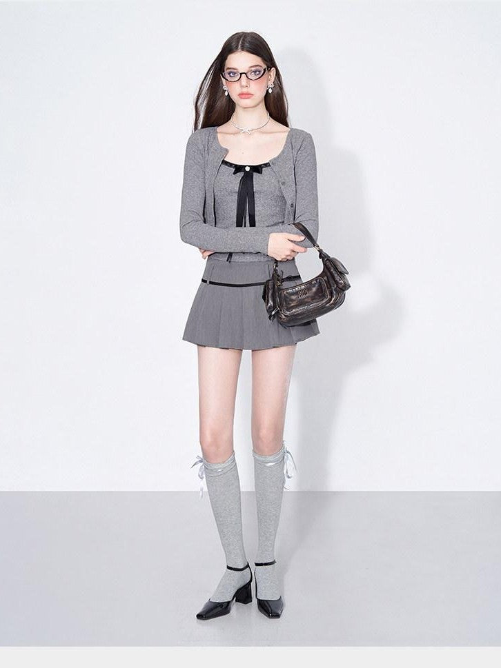 AFTADAWN Grey Bow Cardigan Pleated Skirt Women&