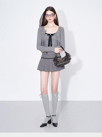 AFTADAWN Grey Bow Cardigan Pleated Skirt Women&
