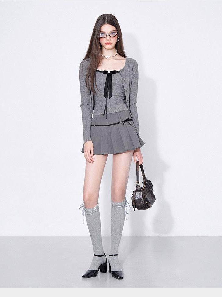 AFTADAWN Grey Bow Cardigan Pleated Skirt Women&