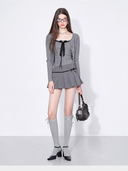 AFTADAWN Grey Bow Cardigan Pleated Skirt Women&