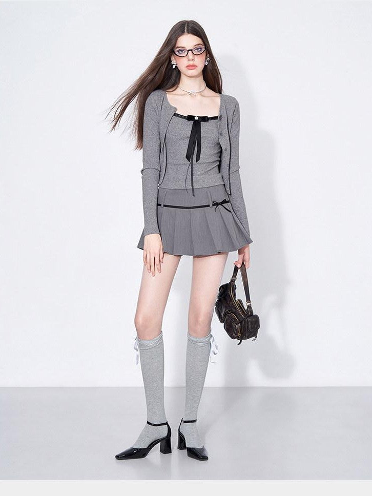 AFTADAWN Grey Bow Cardigan Pleated Skirt Women&