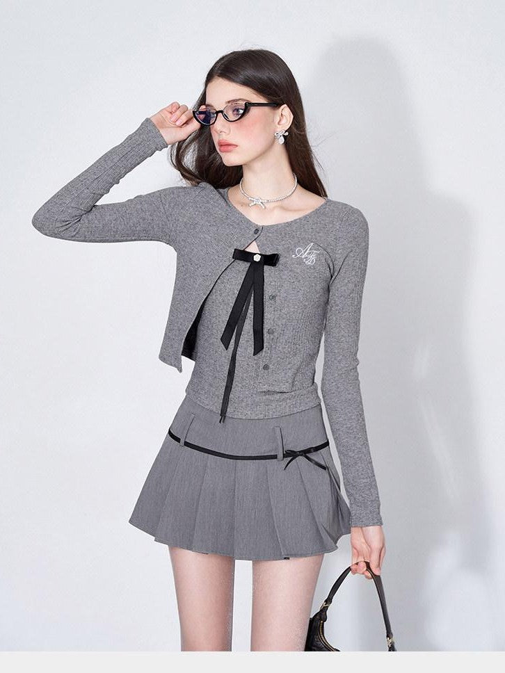 AFTADAWN Grey Bow Cardigan Pleated Skirt Women&