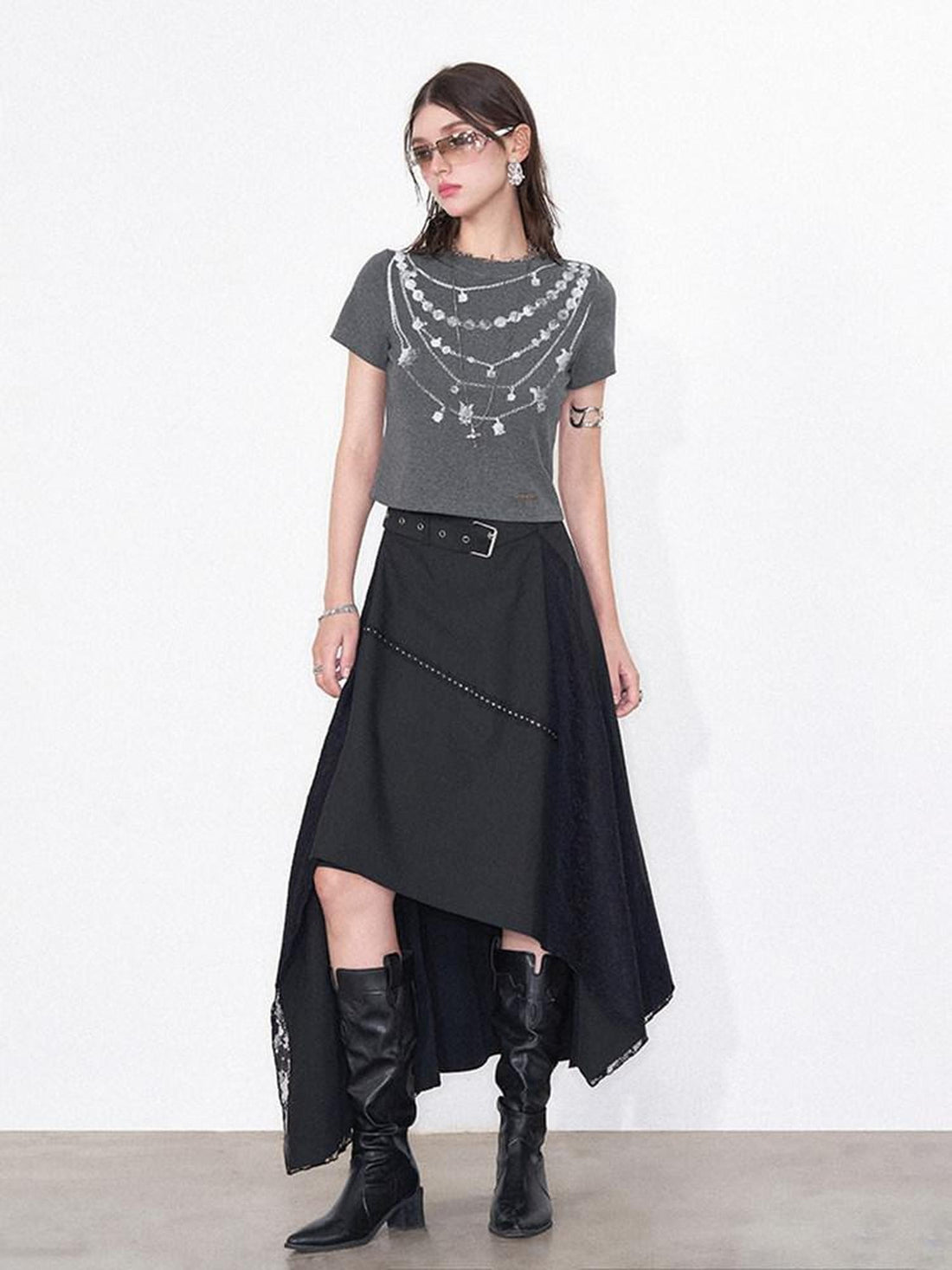 AFTADAWN Grey Necklace Print Irregular Lace Women&
