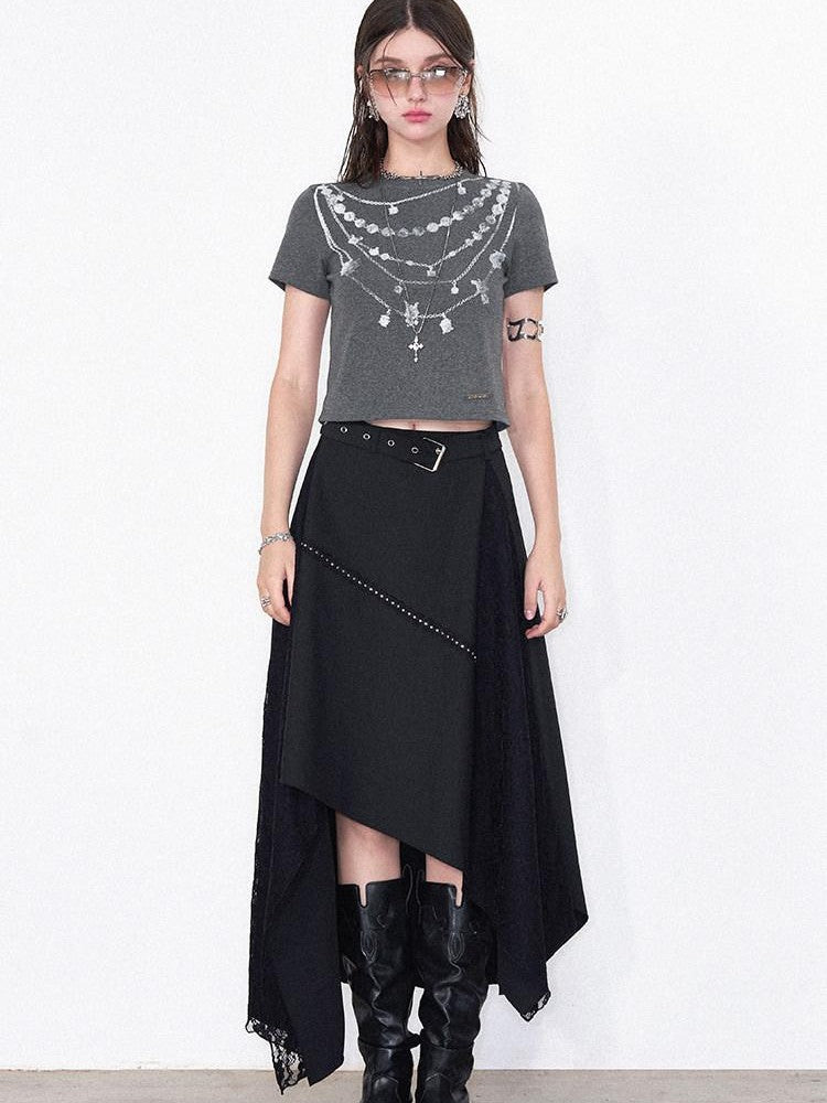AFTADAWN Grey Necklace Print Irregular Lace Women&