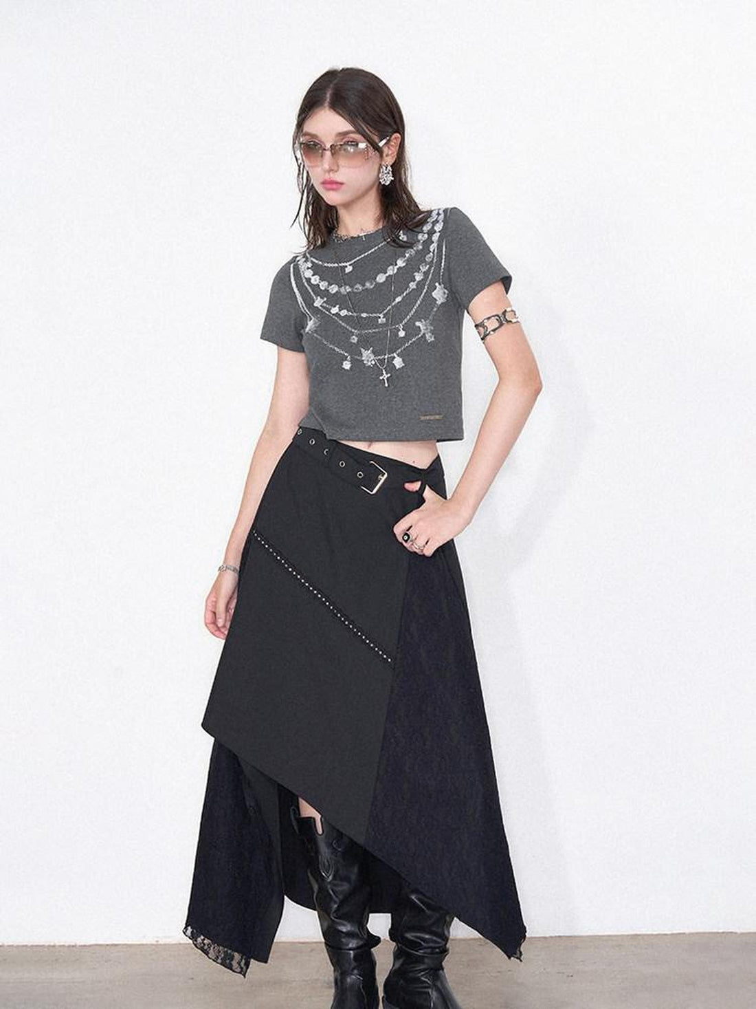 AFTADAWN Grey Necklace Print Irregular Lace Women&
