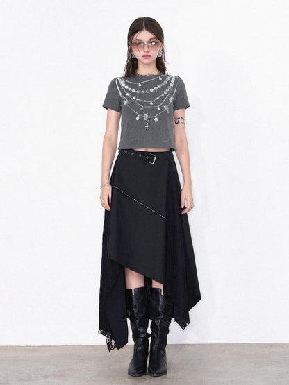 AFTADAWN Grey Necklace Print Irregular Lace Women&