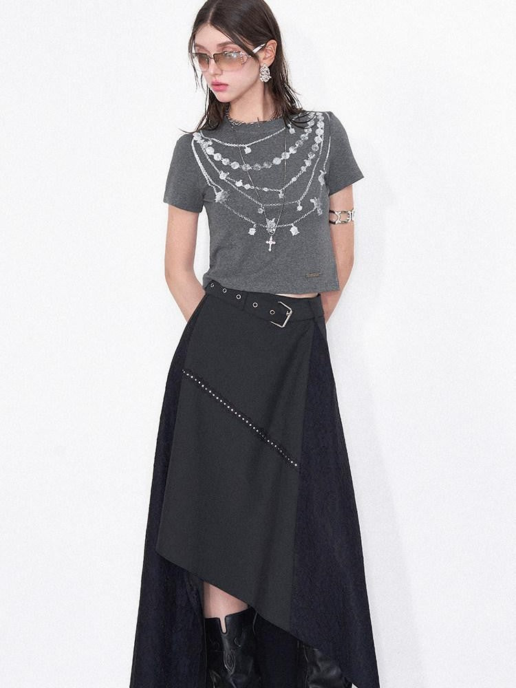 AFTADAWN Grey Necklace Print Irregular Lace Women&