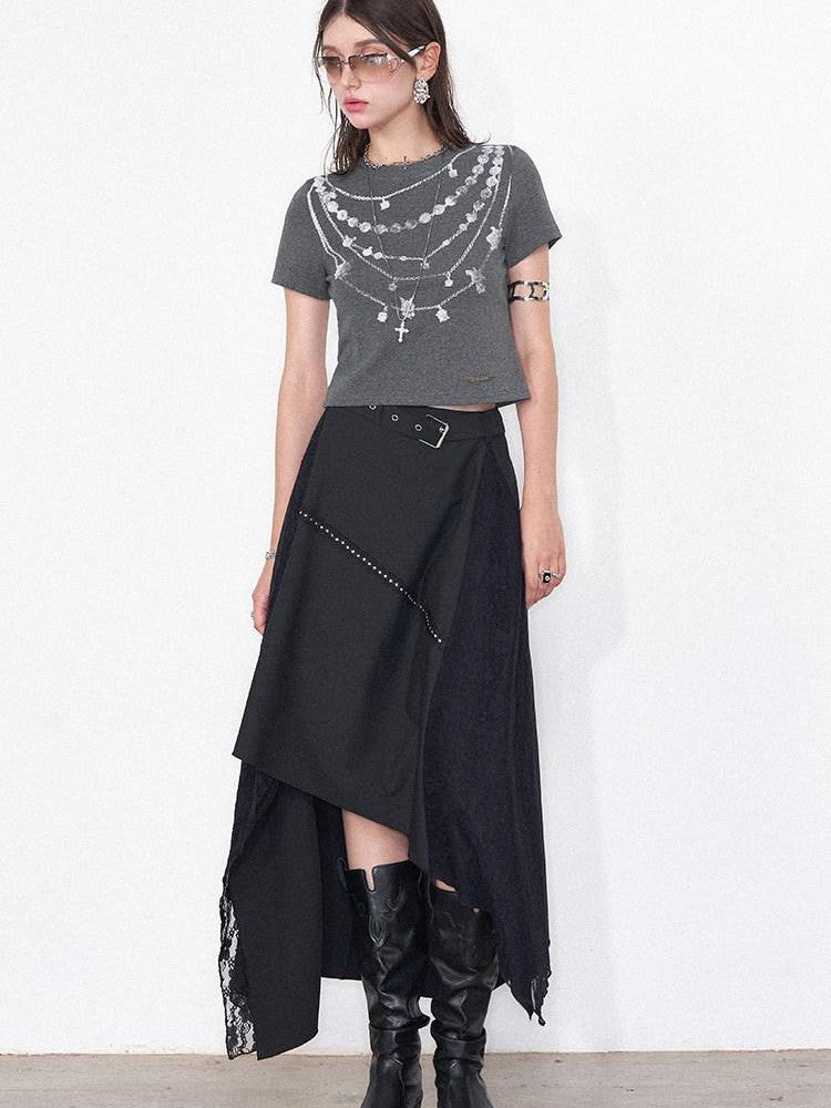 AFTADAWN Grey Necklace Print Irregular Lace Women&