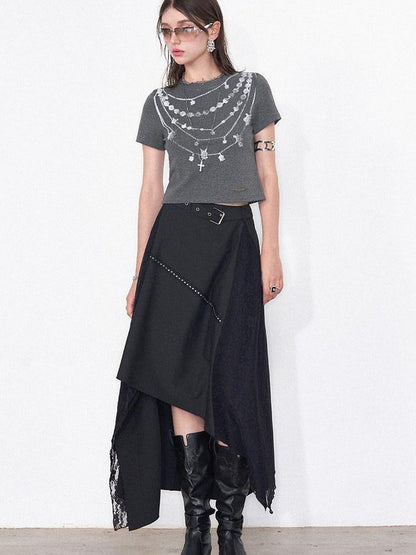 AFTADAWN Grey Necklace Print Irregular Lace Women&