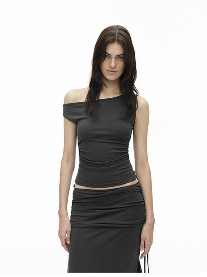 AFTADAWN Grey One Shoulder Ruched Slit Midi Slim Fit Women&