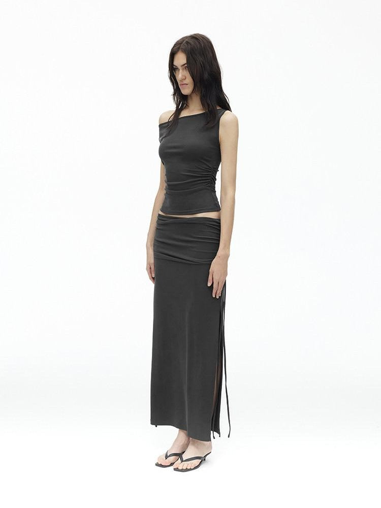 AFTADAWN Grey One Shoulder Ruched Slit Midi Slim Fit Women&