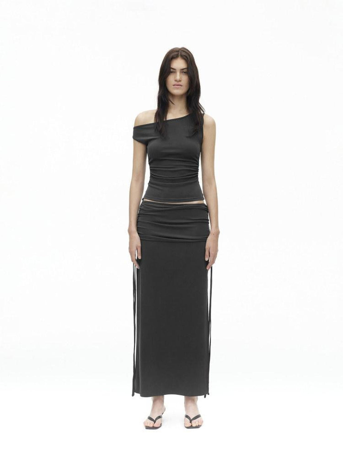 AFTADAWN Grey One Shoulder Ruched Slit Midi Slim Fit Women&