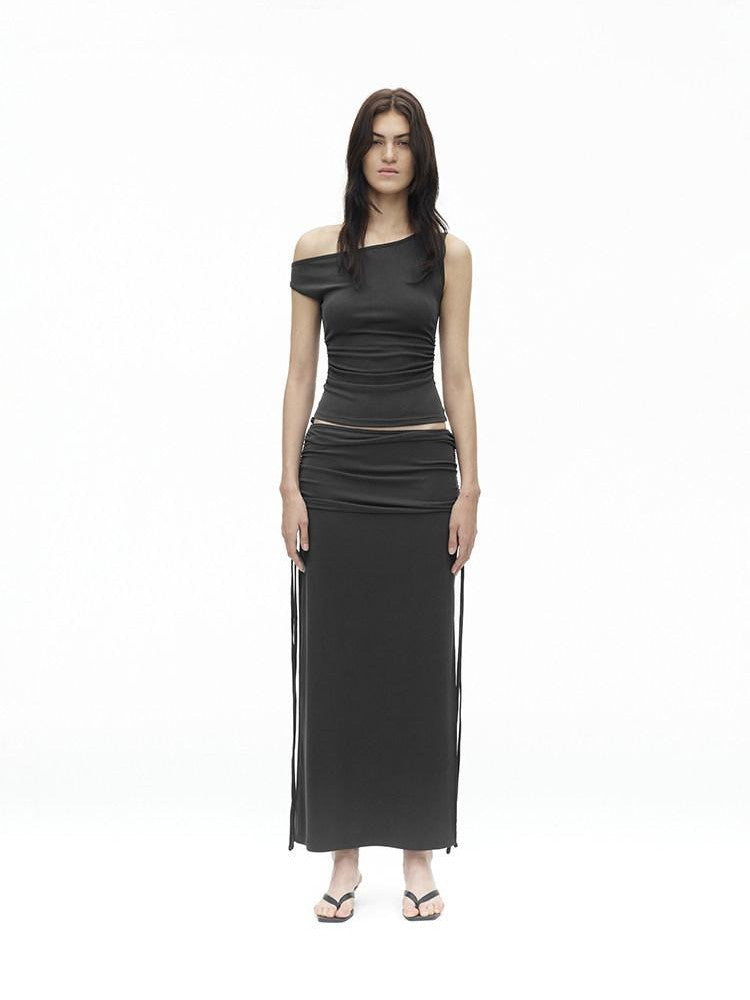 AFTADAWN Grey One Shoulder Ruched Slit Midi Slim Fit Women&