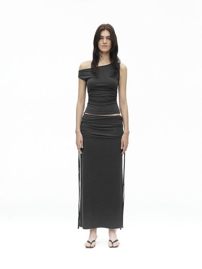 AFTADAWN Grey One Shoulder Ruched Slit Midi Slim Fit Women&