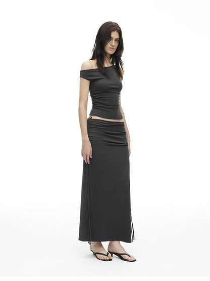 AFTADAWN Grey One Shoulder Ruched Slit Midi Slim Fit Women&