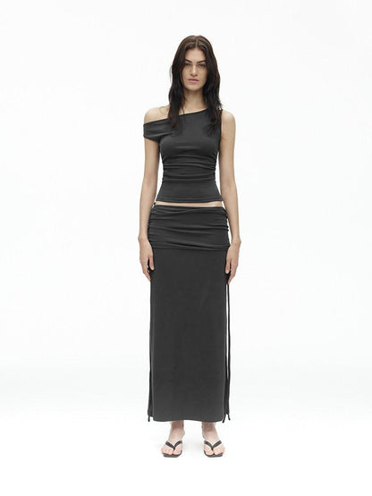 AFTADAWN Grey One Shoulder Ruched Slit Midi Slim Fit Women&