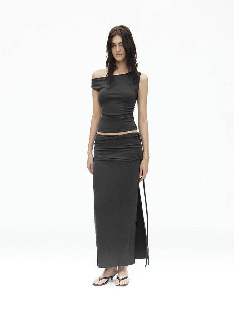 AFTADAWN Grey One Shoulder Ruched Slit Midi Slim Fit Women&