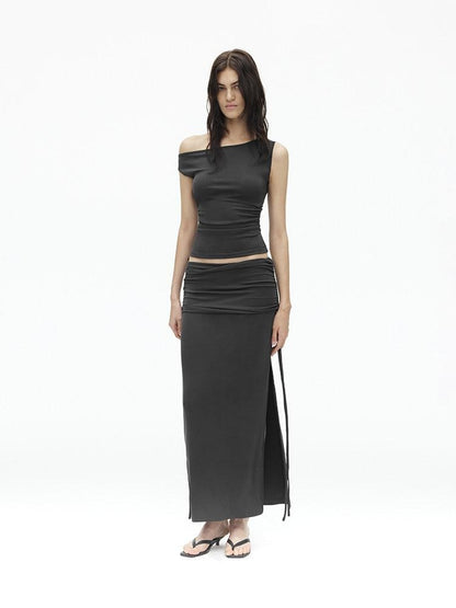 AFTADAWN Grey One Shoulder Ruched Slit Midi Slim Fit Women&