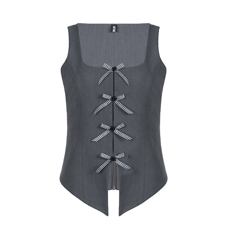 AFTADAWN_Grey_Plaid_Bow_Cutout_Slit_Square_Neck_Blazer_Vest_Women&
