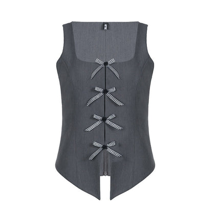 AFTADAWN_Grey_Plaid_Bow_Cutout_Slit_Square_Neck_Blazer_Vest_Women&