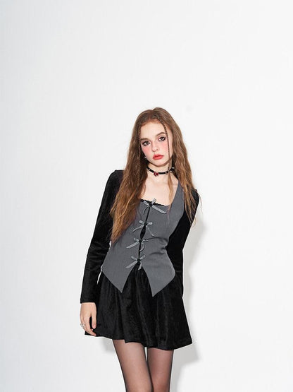 AFTADAWN Grey Plaid Bow Cutout Slit Square Neck Blazer Vest Women&