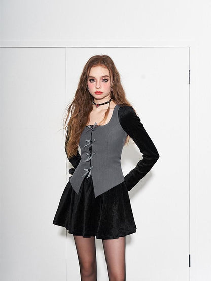 AFTADAWN Grey Plaid Bow Cutout Slit Square Neck Blazer Vest Women&