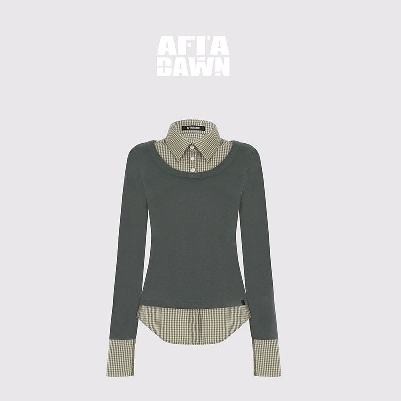 AFTADAWN_Grey_Plaid_Spliced_Faux_Two_Piece_Polo_Women&