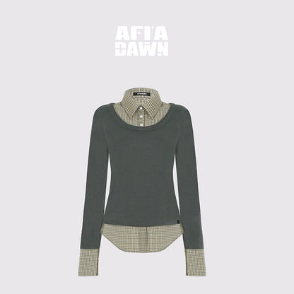 AFTADAWN_Grey_Plaid_Spliced_Faux_Two_Piece_Polo_Women&