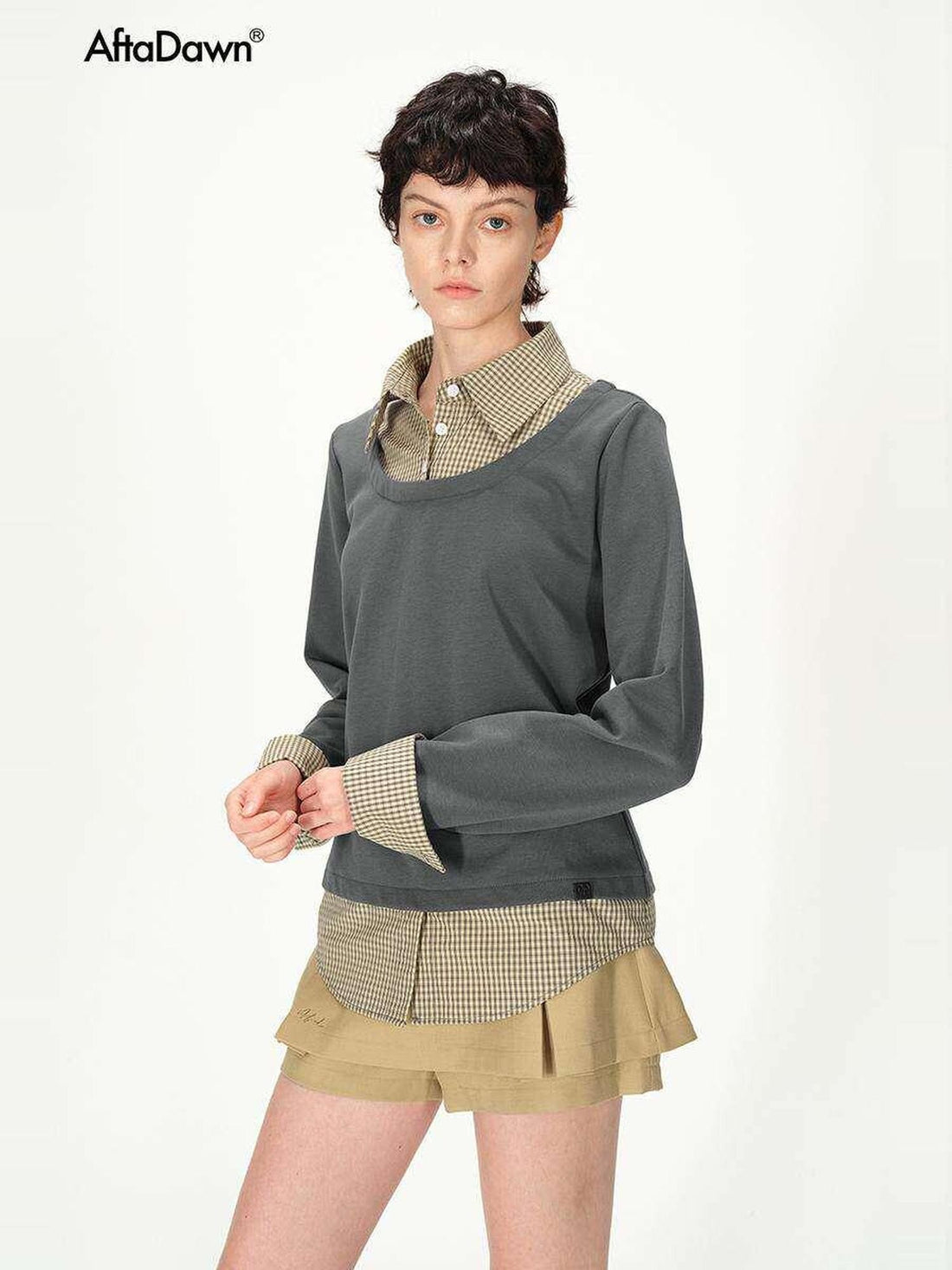 AFTADAWN Grey Plaid Spliced Faux Two Piece Polo Women&