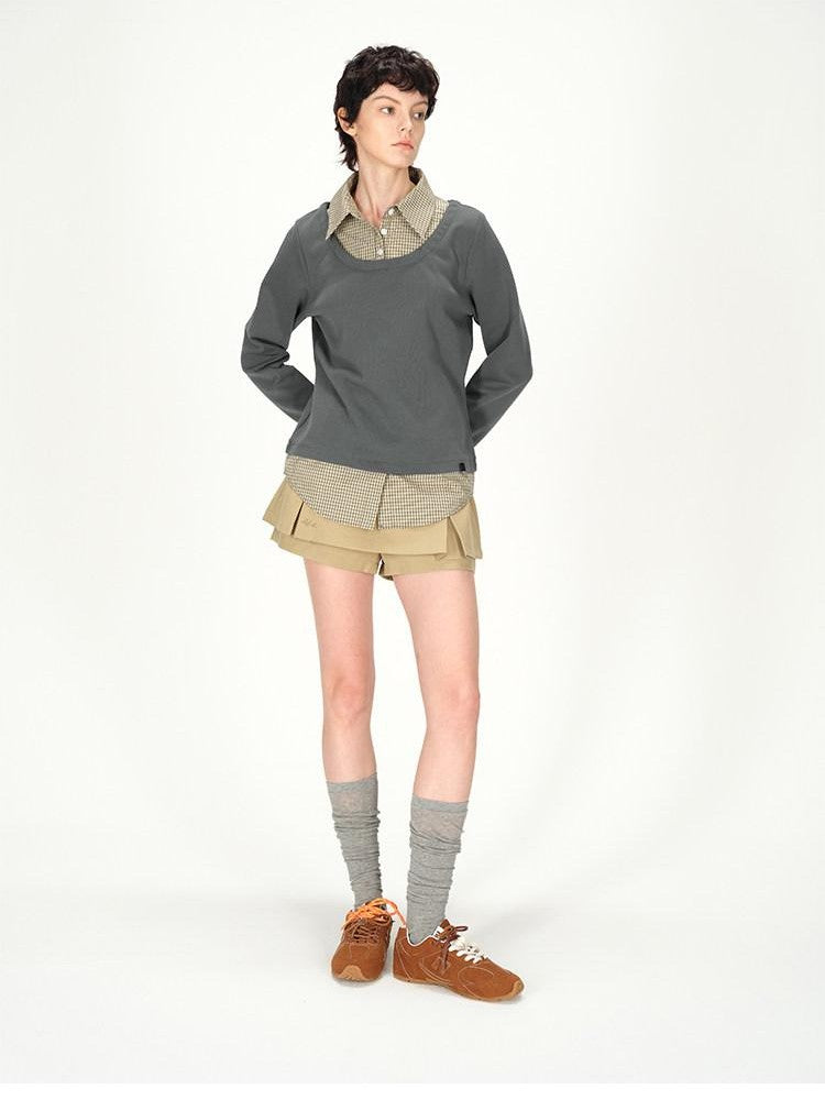 AFTADAWN Grey Plaid Spliced Faux Two Piece Polo Women&