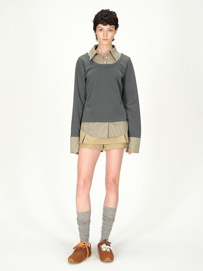 AFTADAWN Grey Plaid Spliced Faux Two Piece Polo Women&