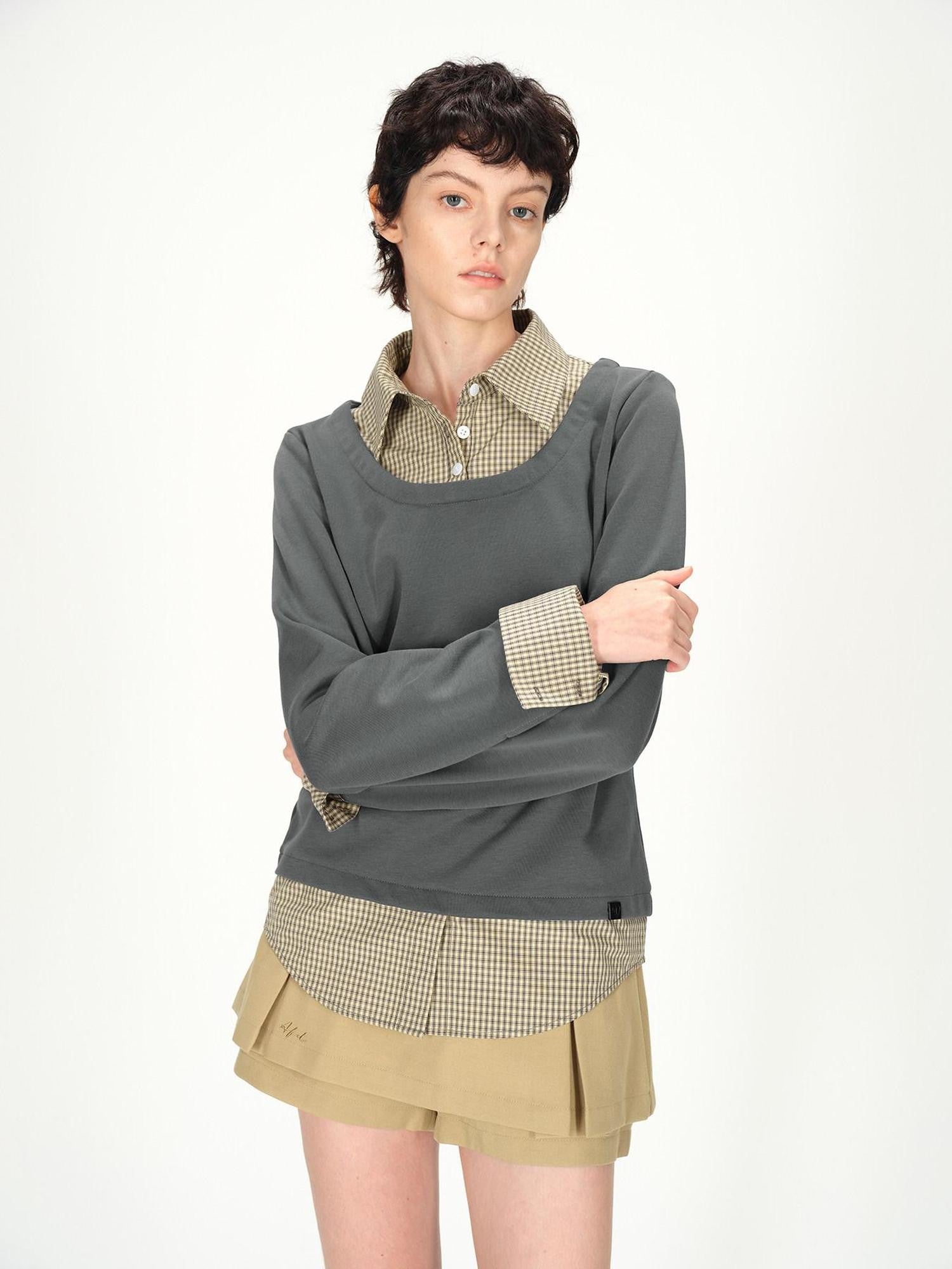 AFTADAWN Grey Plaid Spliced Faux Two Piece Polo Women&