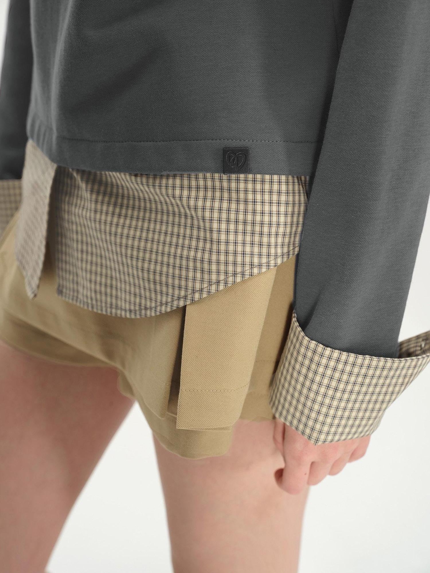 AFTADAWN Grey Plaid Spliced Faux Two Piece Polo Women&