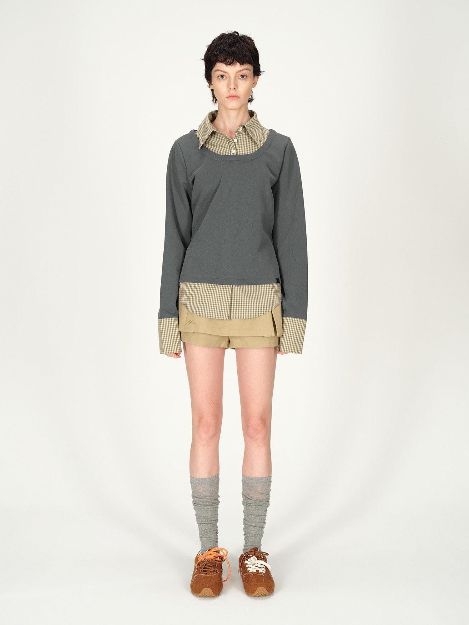 AFTADAWN Grey Plaid Spliced Faux Two Piece Polo Women&